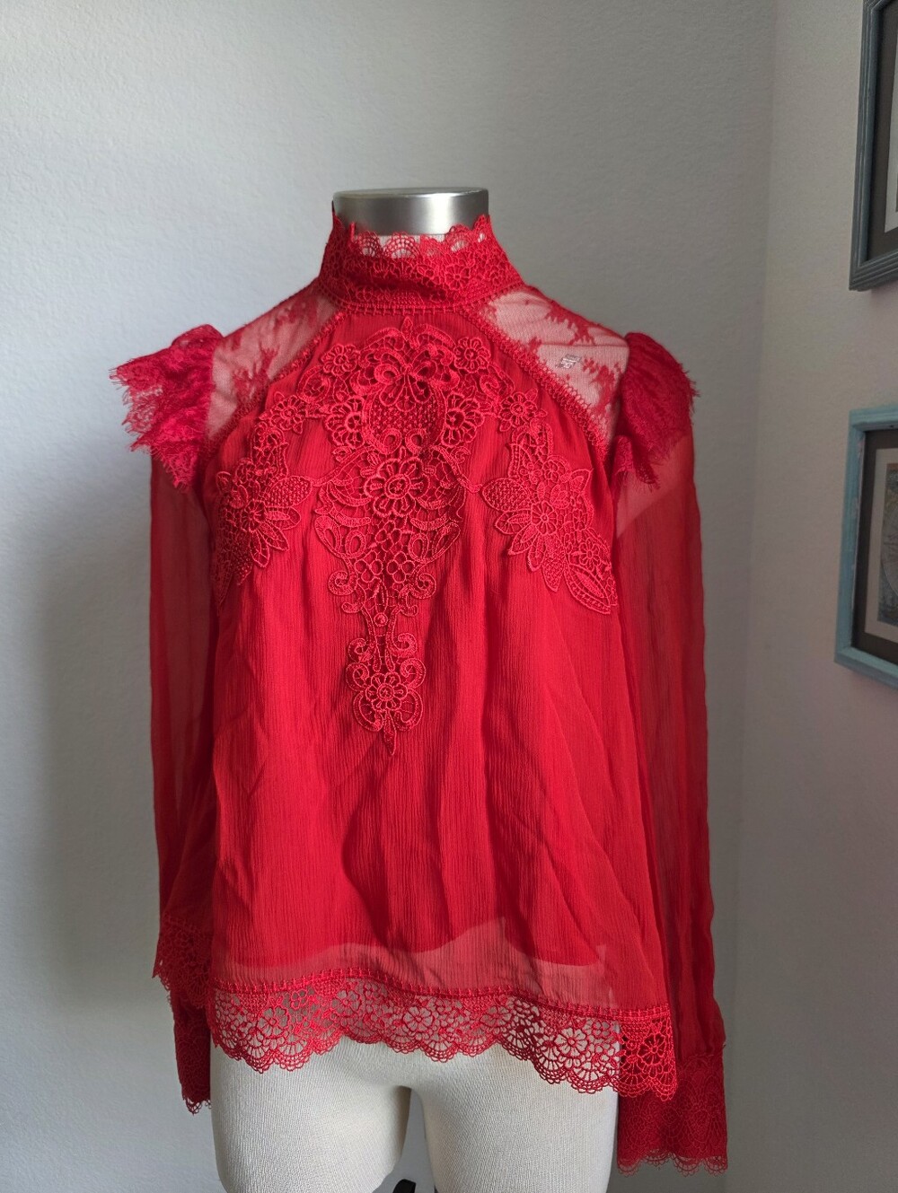 The Kooples Red Floral Lace Appliqué Chemise